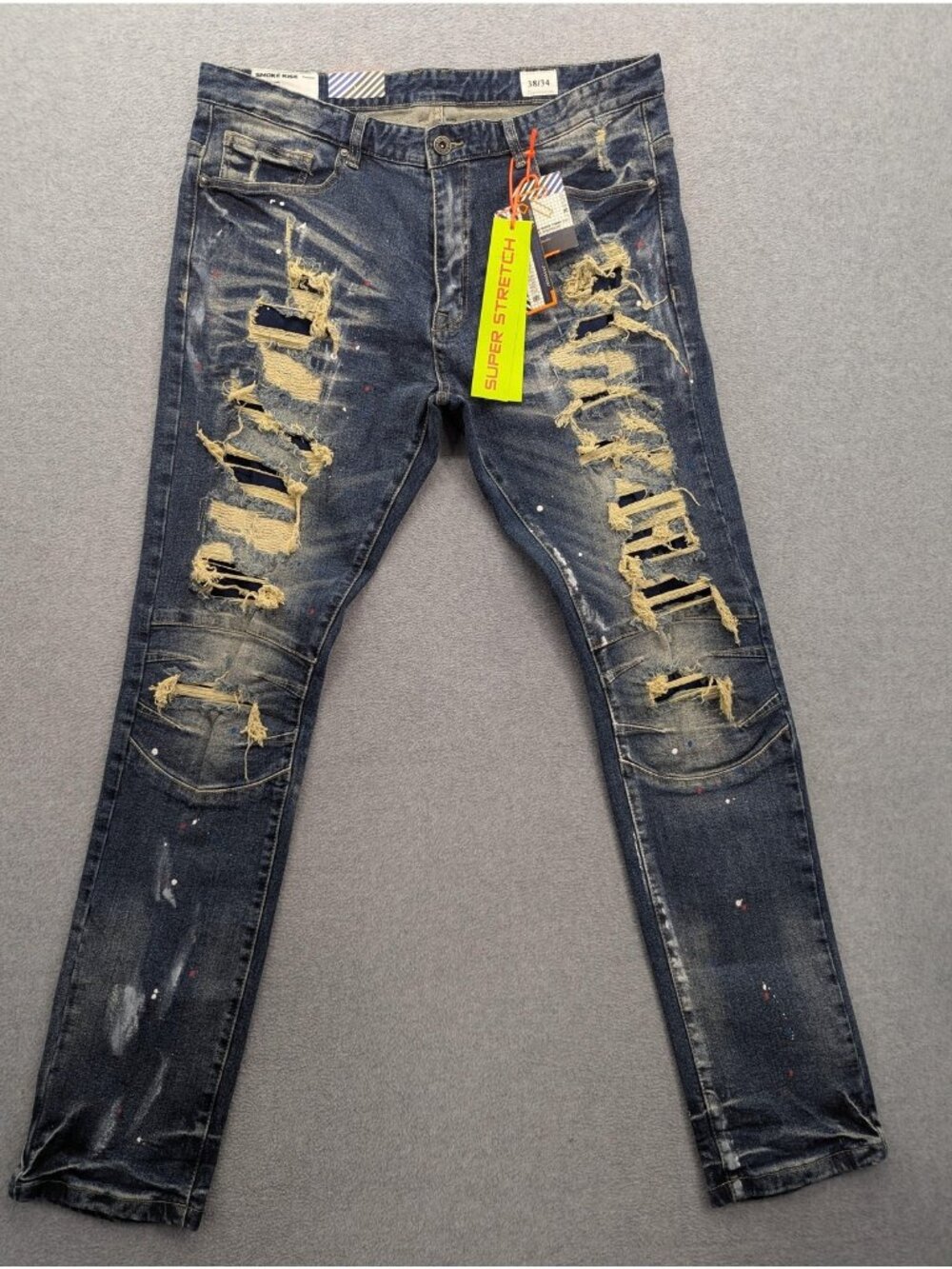 Smoke Rise Jeans Mens 38x34 Blue Wash Slim Tapered Distressed Stretch Denim